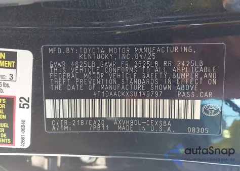 2025 Toyota Camry Se z USA, uszkodzony, nr VIN 4T1DAACKXSU149797